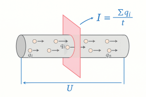 Schemat przepływu ładunków przez przekrój przewodnika – ilustracja pojęcia prądu elektrycznego.